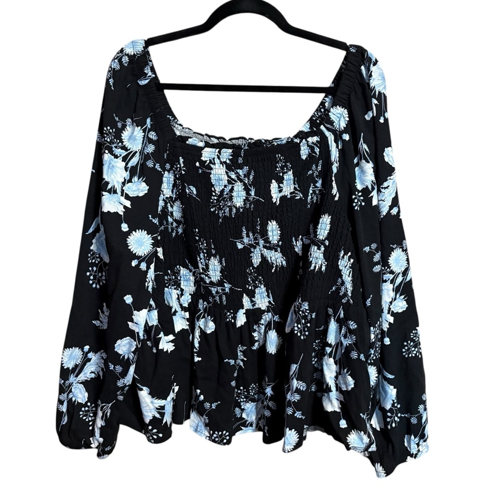 Torrid Black Floral Smocked Bodice Long Sleeve Rayon Slub Blouse Top Size 3 NWT
